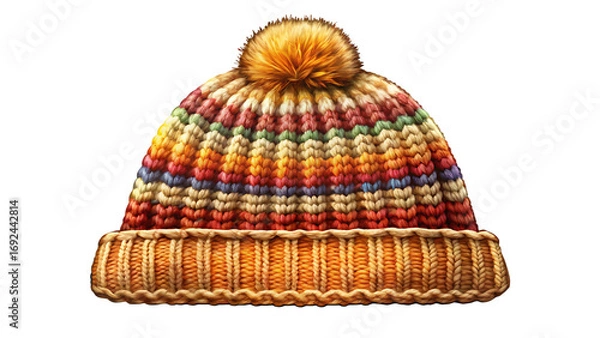 Fototapeta Knitted Winter Beanie with Colorful Stripes and Pom- Pom isolated on a transparent background.