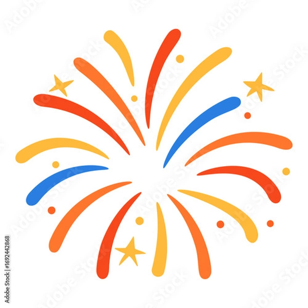 Fototapeta Multicolored firework with curved lines and stars in cartoon flat style