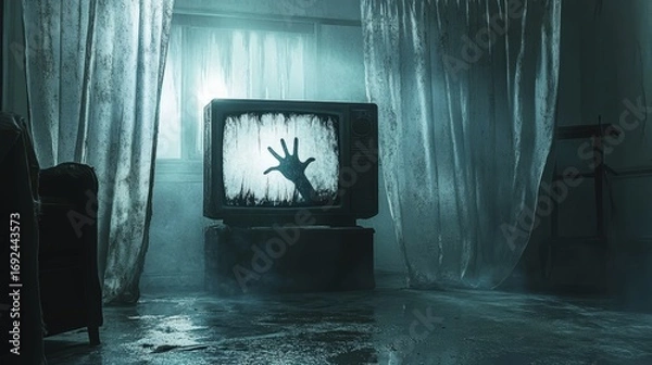 Obraz A haunting scene with a vintage TV displaying a ghostly hand, surrounded by dim lighting and eerie curtains.