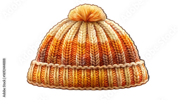 Fototapeta Bright Orange and Yellow Striped Knitted Beanie with Pom- Pom isolated on a transparent background.