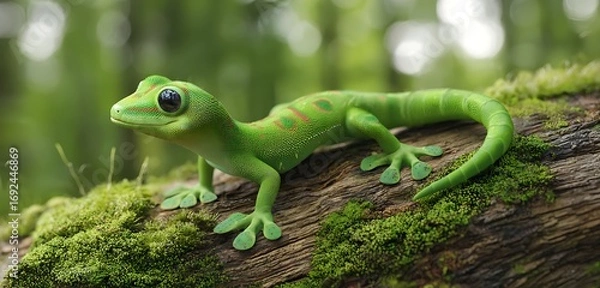 Obraz Gecko emoji icon crawling on mossy log with vivid green skin detail