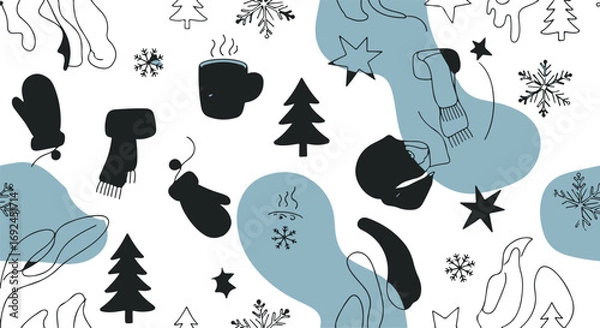 Fototapeta Seamless winter pattern with mittens trees snowflakes and abstract shapes on white perfect for