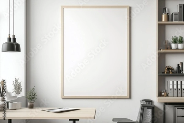Fototapeta Quadro em branco com moldura de madeira em diferentes ambientes de escritório e home office modernos, decorados com plantas, luminárias e objetos de design, IA generativa
