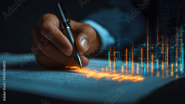 Fototapeta Business professional analyzing data and financial graphs on a digital screen