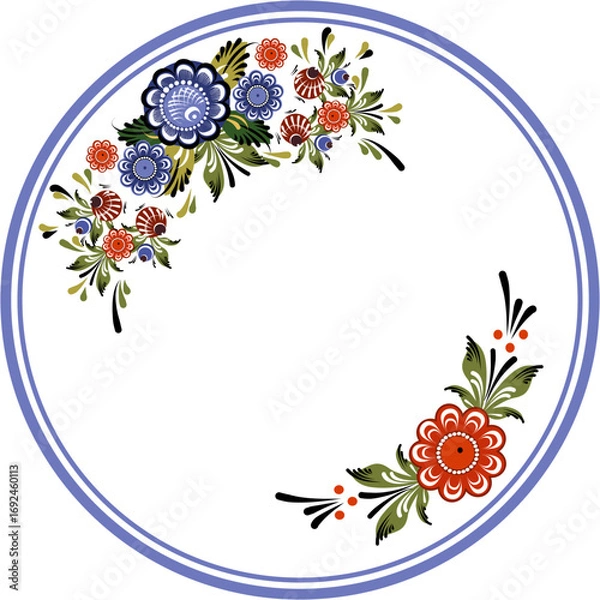 Fototapeta Vector round frame for text and notes. Compositions from elements of Gorodets painting, flowers and berries. Folk art illustration for decoration. Flower composition f0r wedding on white background