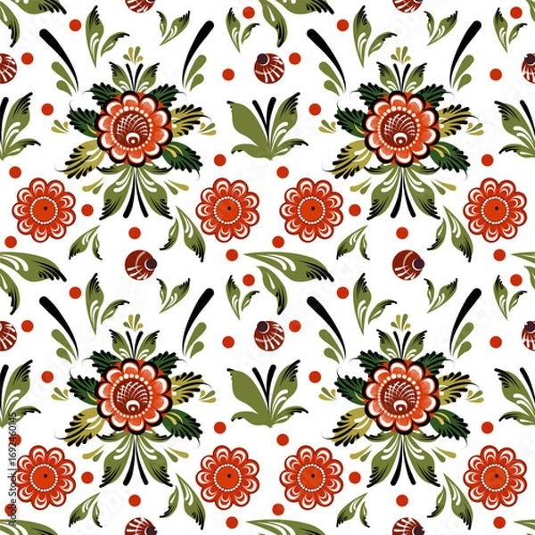 Fototapeta Vector seamless pattern with elements of Gorodets painting, red flowers and berries. Folk art illustration for decoration. Flower pattern on white background for fabrics, paper, textile, gift wrap