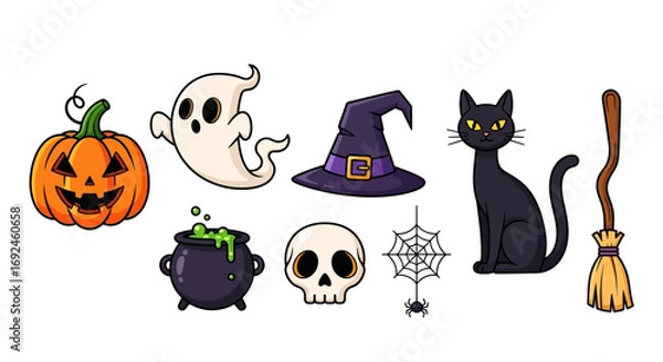 Fototapeta Halloween Icon Set with Pumpkin, Ghost, Cat, Witch Hat, and Skull
