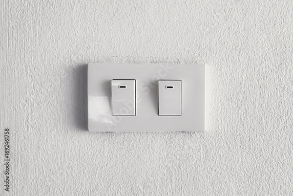 Fototapeta Modern double light switch plate on a white textured wall, symbolizing home electronics and the control of power or lighting. Electricity consumption.