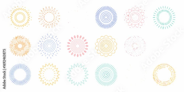 Fototapeta Collection of colorful abstract sunburst and starburst graphic elements on a white background