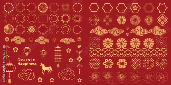 Fototapeta Collection of golden chinese new year decorative elements on red background