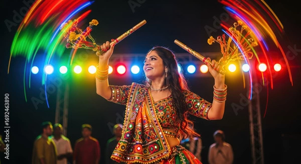 Fototapeta Celebrating Navaratri with a vibrant traditional dance performance on stage. Navaratri celebrations include colorful costumes, joyful singing, and energetic dance with dandiya sticks,
