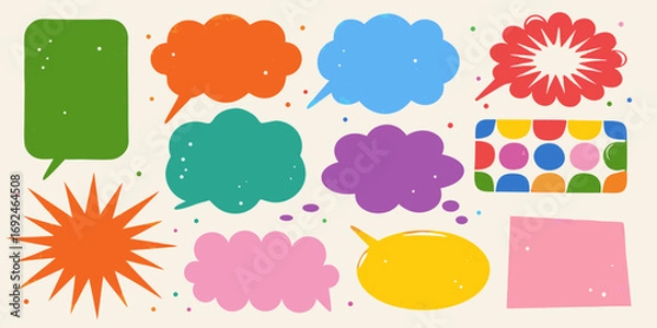 Fototapeta Collection of colorful cartoon speech bubbles and shapes with dots on a cream background