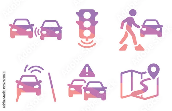 Fototapeta Driving safety silhouette icon set. featuring car, traffic light, pedestrian, accident, map, and collision symbols.