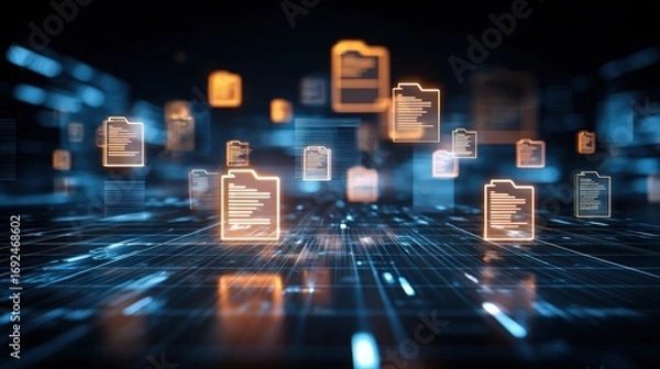 Fototapeta Abstract network grid with files and folders, futuristic software interface, digital document management system, store, search and organize documents, corporate business, paperless office	
