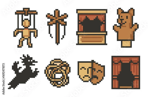 Fototapeta Theater pixel icon set. featuring puppet, sword, stage, mask, curtain, dragon, and bear icons.