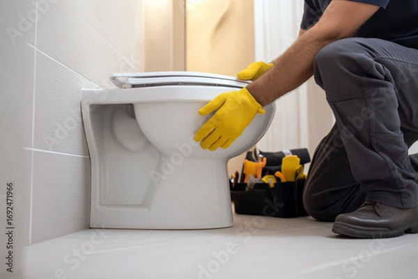 Fototapeta Plumber in gloves kneeling on the floor while installing or replacing a toilet in a clean tiled bathroom.