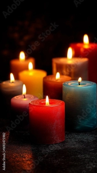 Fototapeta Colorful candles illuminated in a dim setting create a warm and inviting atmosphere, perfect for relaxation and ambiance in a cozy space during the evening hours