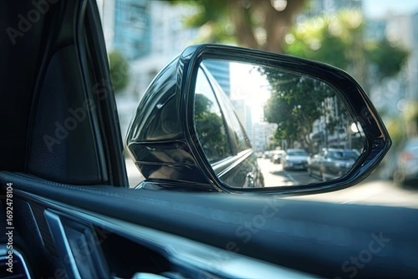 Fototapeta Close-up car side-view mirror reflecting city street