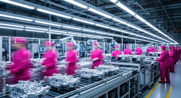 Fototapeta Modern factory assembly line with workers in pink uniforms and robotic arms assembling machinery under bright lights, symbolizing technology, speed, precision, teamwork, and mass production.