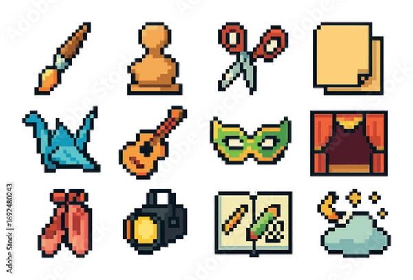 Fototapeta Art and craft pixel icon set. featuring brush, scissors, paper, origami, guitar, mask, stage, ballet, camera, sketchbook, cloud.