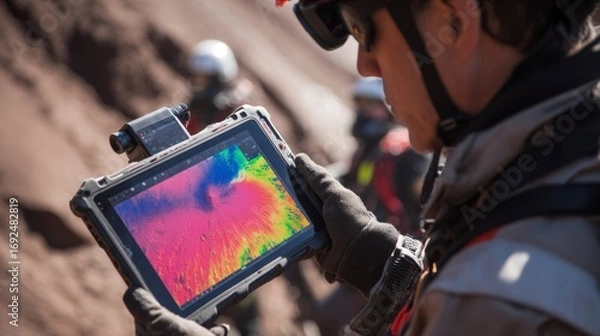 Obraz Volcanologist Monitoring Sensor Data on Drone Deployment Mission