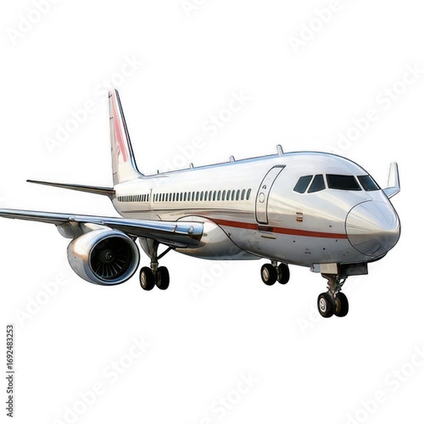 Fototapeta Shiny Jetliner in the Sky: A pristine jet, gleaming in the sunlight, stands poised for takeoff, ready to whisk travelers away on a journey. The powerful engines promise speed and adventure.