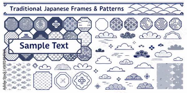 Fototapeta Collection of traditional japanese frames and patterns featuring octagons clouds and decorative elements