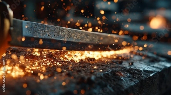 Obraz Forging of a Beautiful Katana Blade with Sparks Flying Around