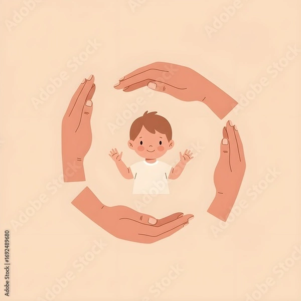 Fototapeta Protective Hands Surrounding a Happy Toddler | Concept of Child Care and a Secure Future