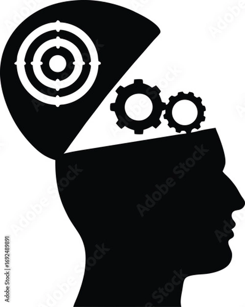 Obraz Brain silhouette with gears and target symbolizing problem solving, creative strategy, innovation, intelligence, technical thinking, achievement, knowledge