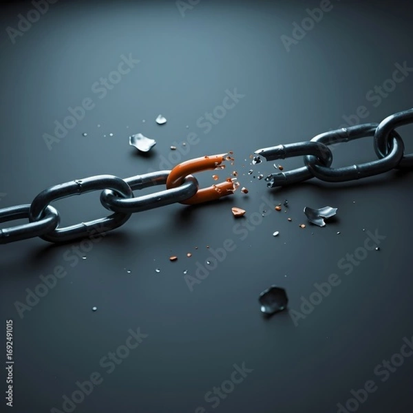 Fototapeta Realistic 3D Chain Breaking at the Weakest Orange Link | Concept of Systemic Failure and Stress