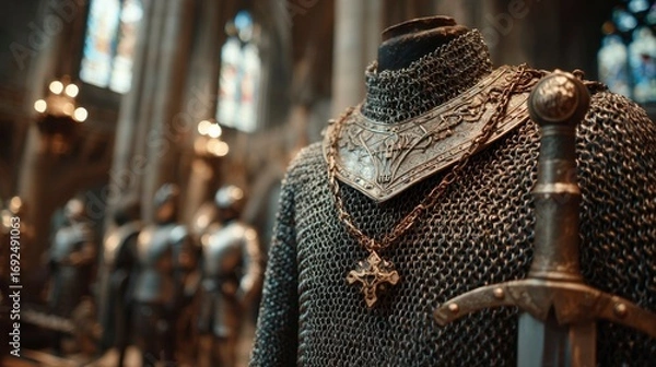 Obraz Medieval Chainmail Armor with Broadsword Display in Historic Setting