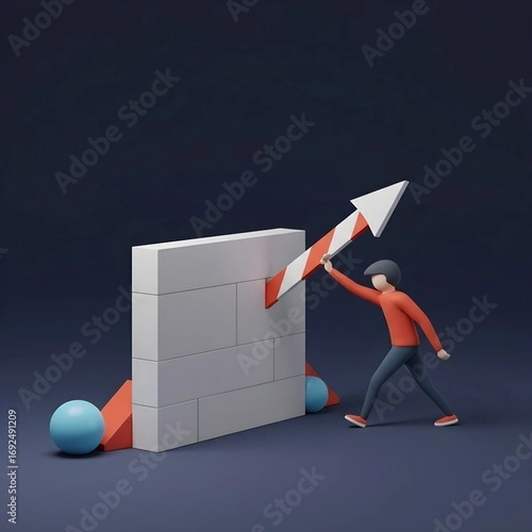 Fototapeta 3D Character Pushing an Arrow Through a Wall | Business Concept of Breakthrough and Overcoming Obstacles