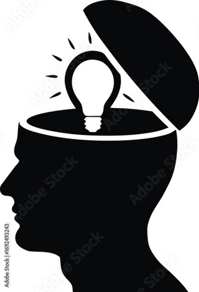 Obraz Brain silhouette with glowing bulb above head symbolizing bright idea, creative solution, intelligence, problem solving, inspiration, imagination, knowledge