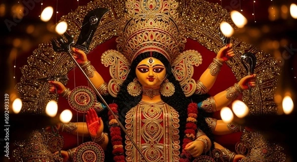 Fototapeta A beautifully adorned idol of the Hindu Goddess Durga with multiple arms, illuminated by festive lights during the Durga Puja celebration.