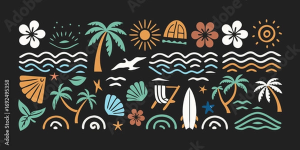 Fototapeta Vibrant tropical summer beach icons collection with palm trees sun waves and flowers on black background