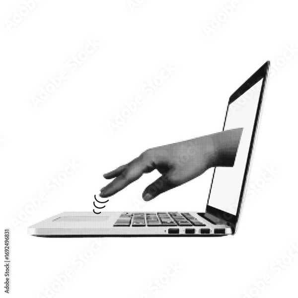 Fototapeta Halftone collage hand sticking out of the laptop. Type message. Online job. Vector illustration isolated background.