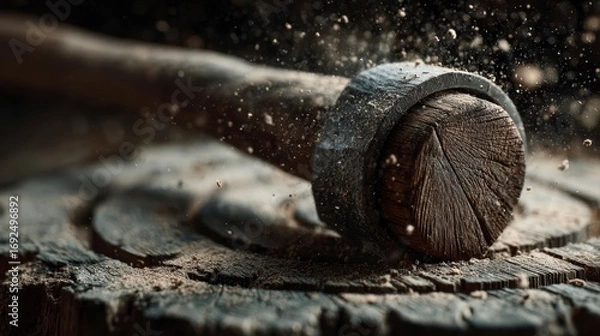 Obraz Nordic Throwing Axe Mid Flight with Dust and Wood Shavings