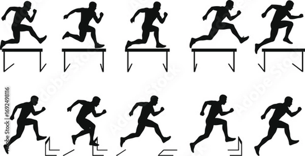 Fototapeta Vector illustration of male athlete silhouettes running and jumping over hurdles, showcasing different dynamic movements in track and field competition.