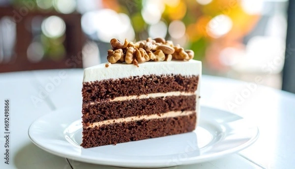 Fototapeta A slice of chocolate cake with cream and walnuts