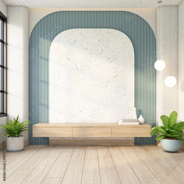 Obraz Minimalist empty room with TV cabinet and arch marble wall, wooden floor and blue gray slat wall. 3d rendering