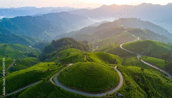 Fototapeta Panoramic view of rolling hills and winding roads through lush tea plantations at dawn