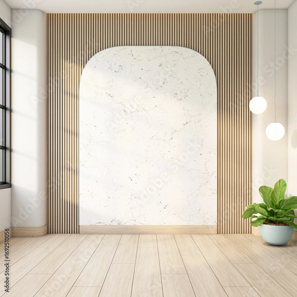 Obraz Minimalist empty room with arch marble wall and wooden slat wall, indoor plant and hanging lamp, white wall and wooden floor. 3d rendering