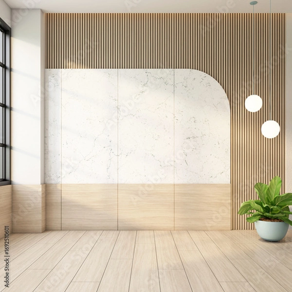 Obraz Minimalist empty room with arch marble wall and wooden slat wall, indoor plant and hanging lamp, white wall and wooden floor. 3d rendering