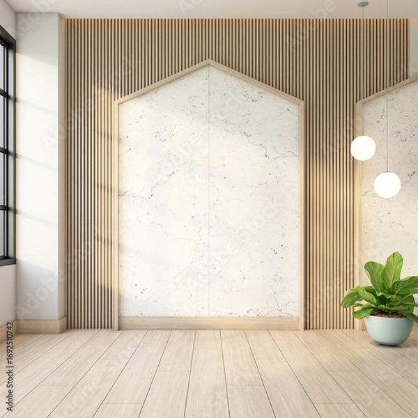 Obraz Minimalist empty room with marble wall and wooden slat wall, indoor plant and hanging lamp, white wall and wooden floor. 3d rendering