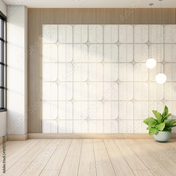 Obraz Minimalist empty room with marble pattern wall and wooden slat wall, indoor plant and hanging lamp, white wall and wooden floor. 3d rendering