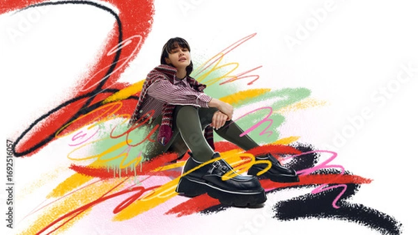 Fototapeta Trendy collage. Female model sitting in checkered outfit with abstract colorful artistic background. Concept of youth fashion, editorial lifestyle, alternative visuals, and emotional creativity.