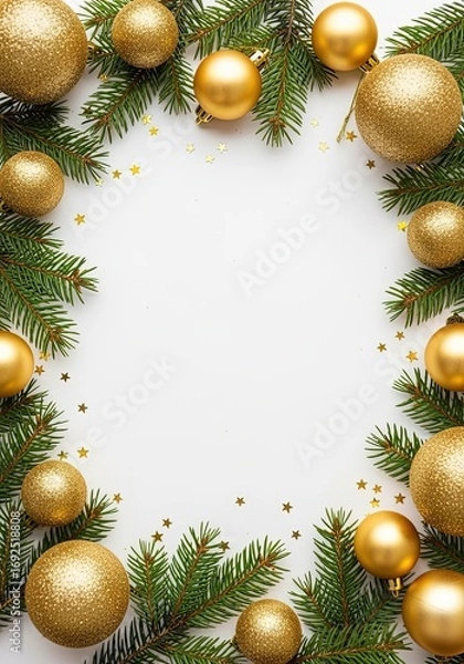 Fototapeta Christmas background with fir branches and golden baubles on white surface. Elegant festive holiday frame with copy space. Winter New Year decoration with shiny ornaments and sparkling confetti