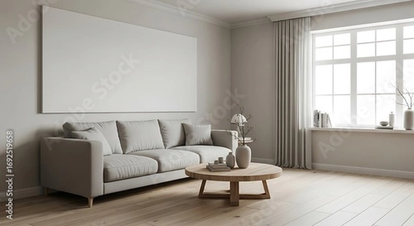 Fototapeta Modern living room with a comfortable sofa and a large blank canvas above it