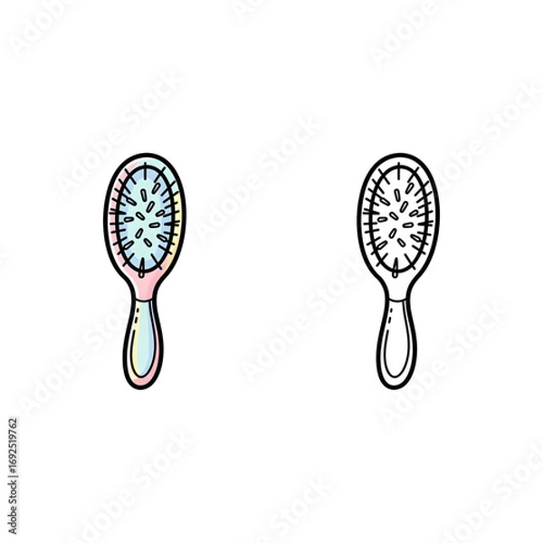 Fototapeta Cute cartoon hairbrush doodle set in color and monochrome line drawing. Isolated vector icons for salon, beauty, and personal care